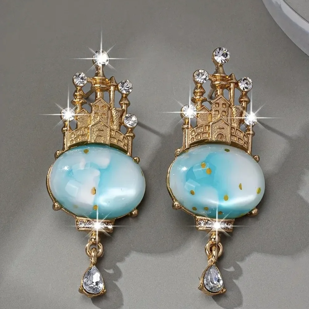 Gold and Blue Enchanted Castle Earrings - Picture 1 of 4
